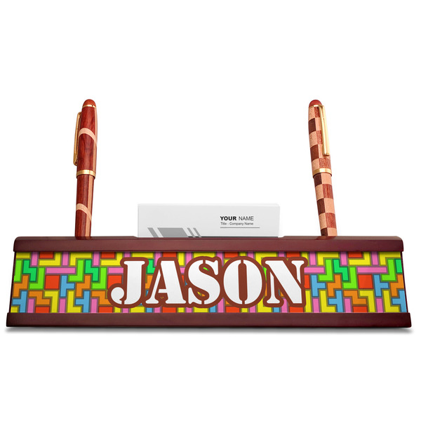 Tetromino Red Mahogany Nameplates with Business Card Holder - Straight