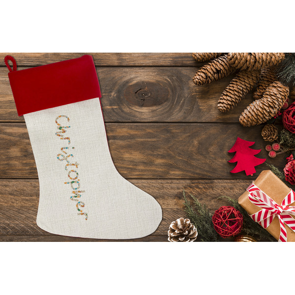 Math Lesson Linen Stocking w/Red Cuff - Flat Lay (LIFESTYLE)
