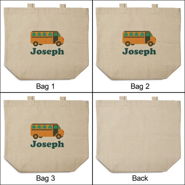 School Bus 3 Reusable Cotton Grocery Bags - Front & Back View