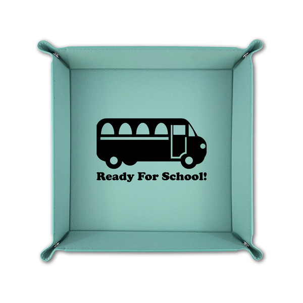 School Bus 6" x 6" Teal Leatherette Snap Up Tray - FOLDED UP