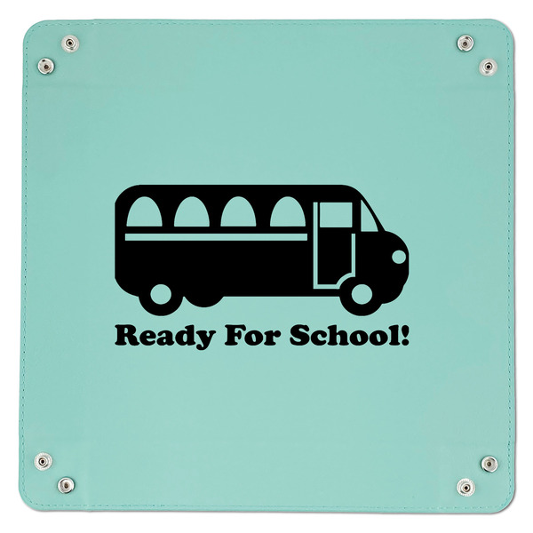 School Bus 9" x 9" Teal Leatherette Snap Up Tray - APPROVAL