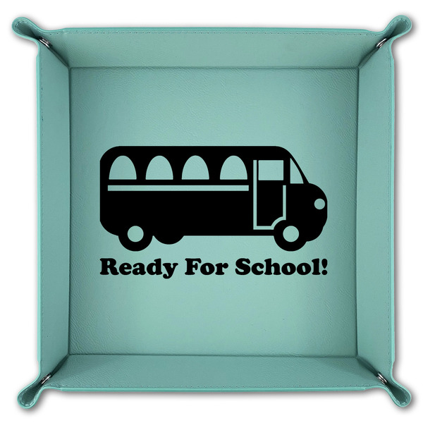 School Bus 9" x 9" Teal Leatherette Snap Up Tray - FOLDED