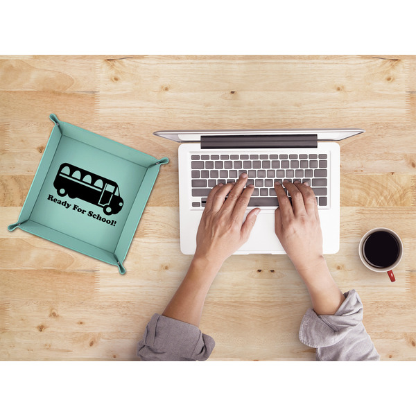 School Bus 9" x 9" Teal Leatherette Snap Up Tray - LIFESTYLE