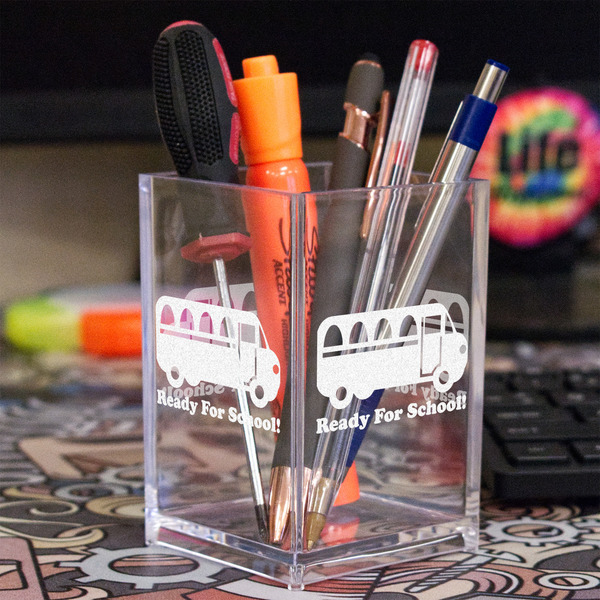 School Bus Acrylic Pen Holder - In Context