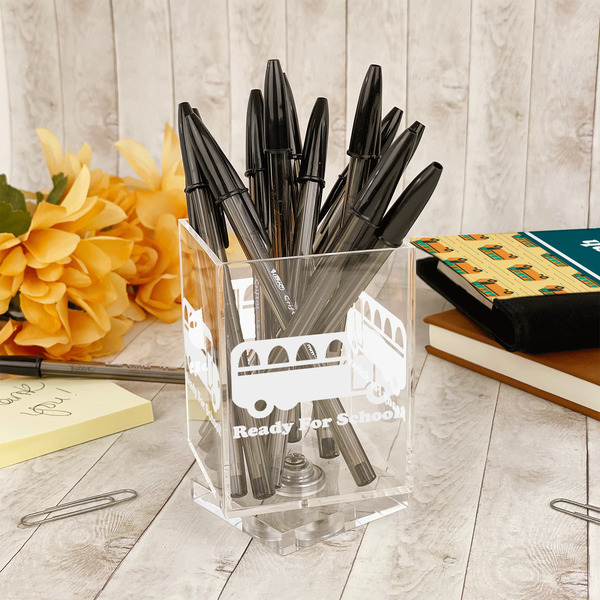 School Bus Acrylic Pencil Holder - IN CONTEXT