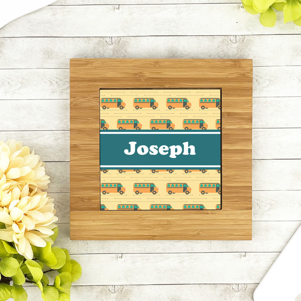 School Bus Bamboo Trivet with 6" Tile - LIFESTYLE