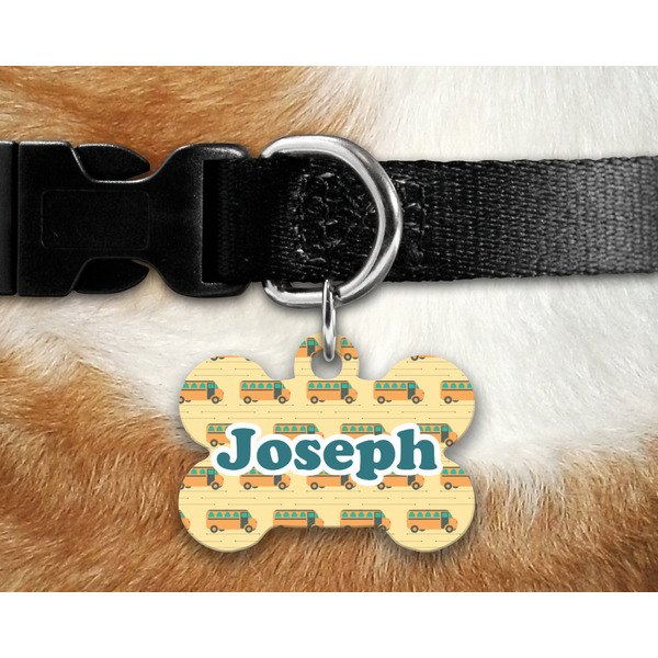 School Bus Bone Shaped Dog Tag on Collar & Dog