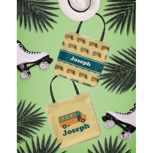School Bus Canvas Tote Lifestyle Front and Back- 13x13