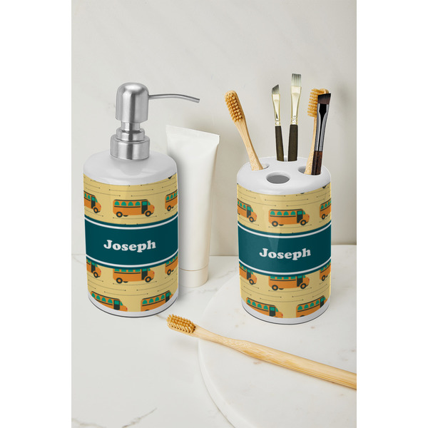 School Bus Ceramic Bathroom Accessories - LIFESTYLE (toothbrush holder & soap dispenser)