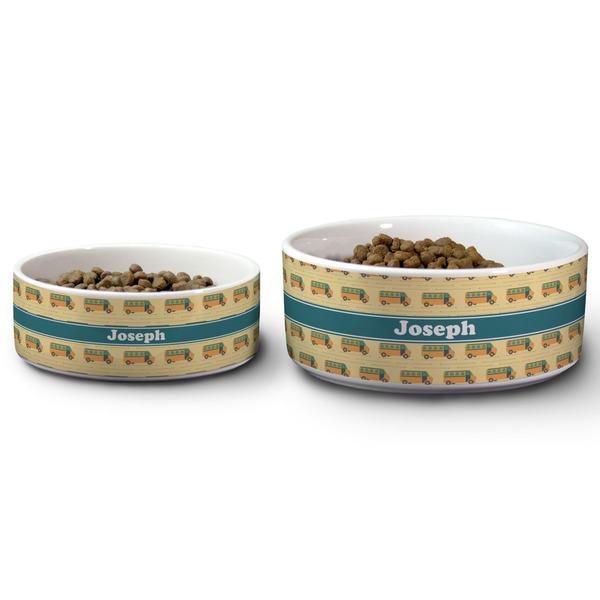 School Bus Ceramic Dog Bowls - Size Comparison
