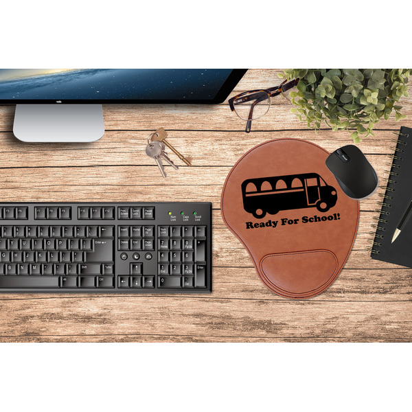 School Bus Cognac Leatherette Mousepad with Wrist Support - Lifestyle Image