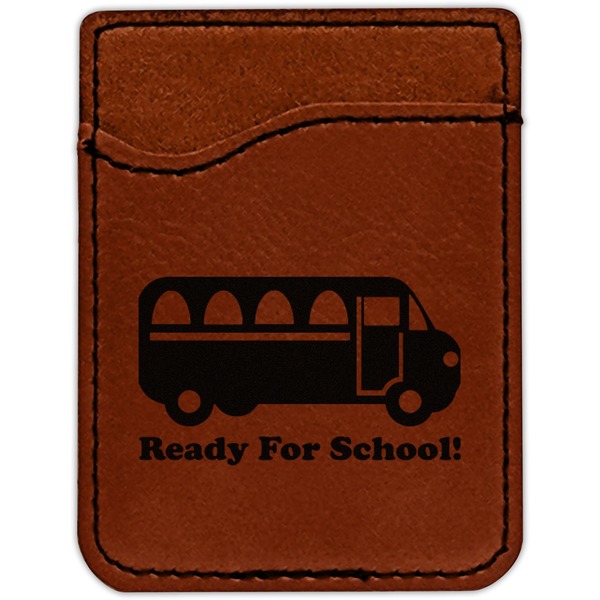 School Bus Cognac Leatherette Phone Wallet close up