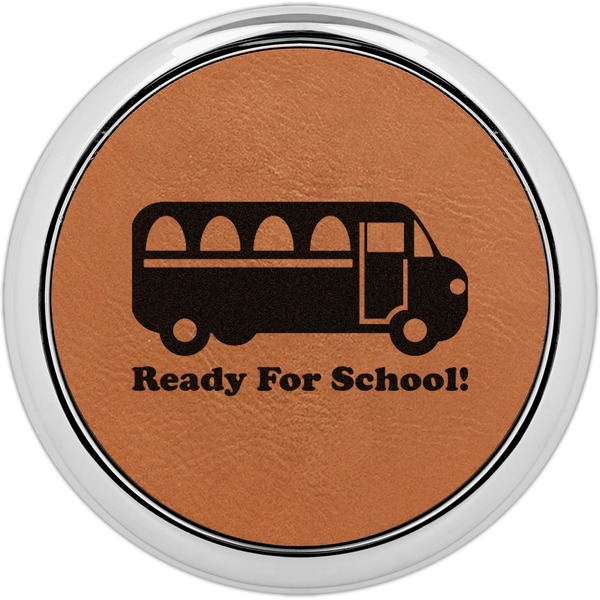 Custom School Bus Leatherette Round Coaster w/ Silver Edge (Personalized)