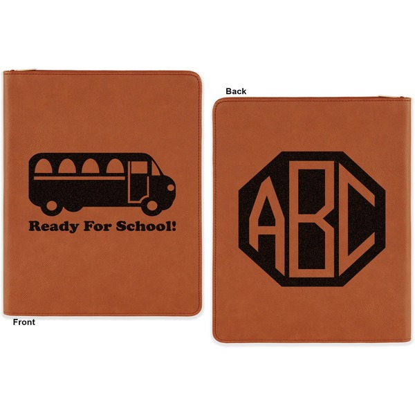 School Bus Cognac Leatherette Zipper Portfolios with Notepad - Double Sided - Apvl