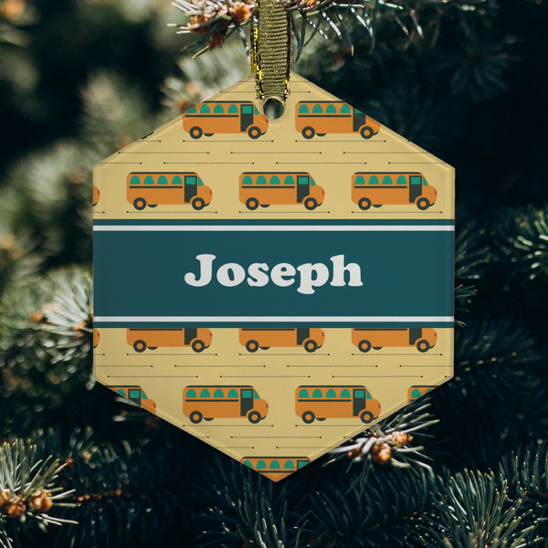 School Bus Frosted Glass Ornament - Hexagon (Lifestyle)
