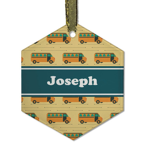 Custom School Bus Flat Glass Ornament - Hexagon w/ Name or Text