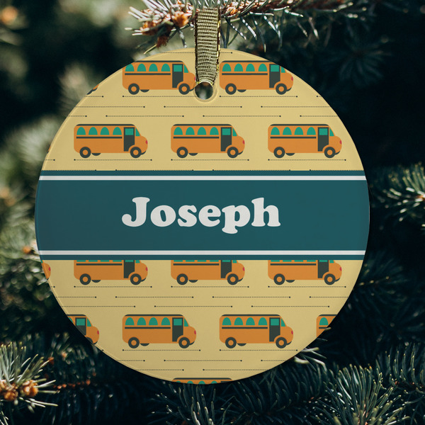 School Bus Frosted Glass Ornament - Round (Lifestyle)