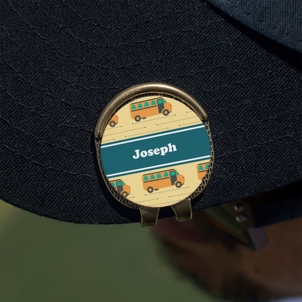 School Bus Golf Ball Marker Hat Clip - Gold - On Hat