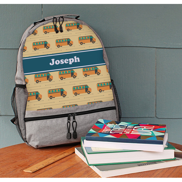 School Bus Large Backpack - Gray - On Desk