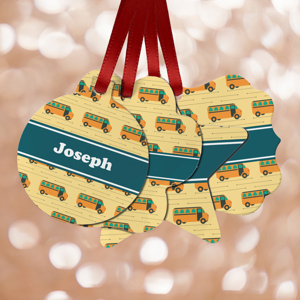 Custom School Bus Metal Ornaments - Double Sided w/ Name or Text
