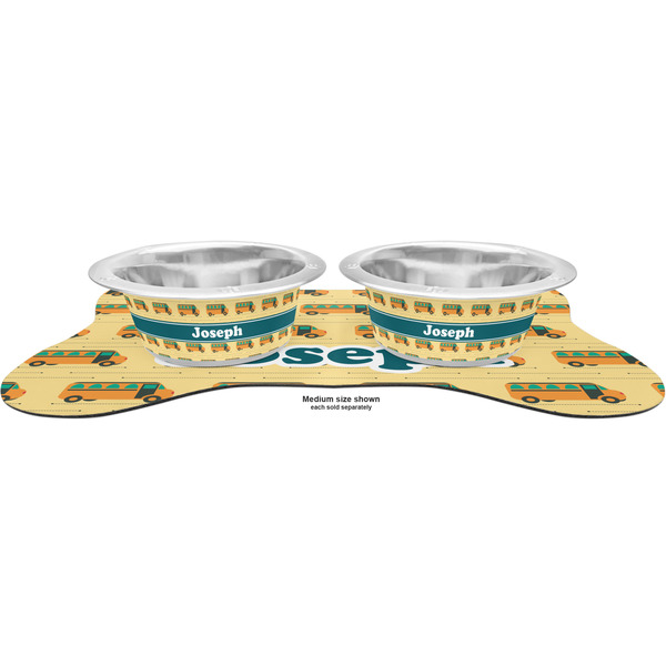 School Bus Metal Pet Bowls - On Dog Bone Shaped Mat