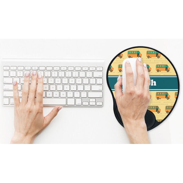 School Bus Mouse Pad with Wrist Rest - LIFESYTLE 2 (in use)