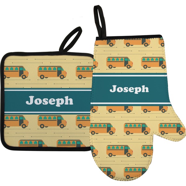 Custom School Bus Oven Mitt & Pot Holder Set w/ Name or Text