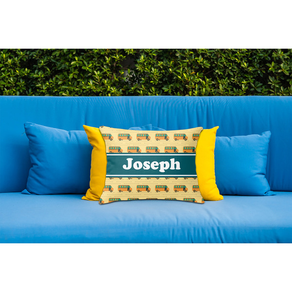 School Bus Outdoor Throw Pillow  - LIFESTYLE (Rectangular - 20x14)
