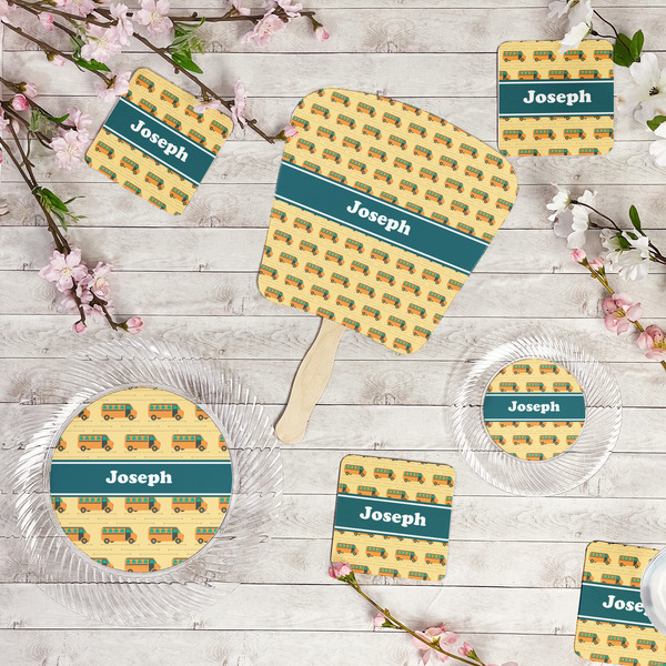 School Bus Party Supplies Combination Image - All items - Plates, Coasters, Fans