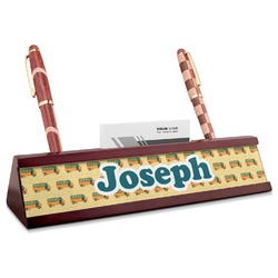 School Bus Red Mahogany Nameplate with Business Card Holder (Personalized)