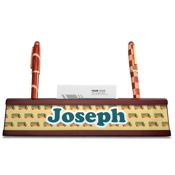 School Bus Red Mahogany Nameplates with Business Card Holder - Straight