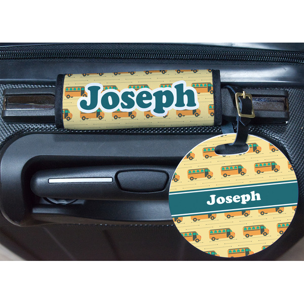 School Bus Round Luggage Tag & Handle Wrap - In Context