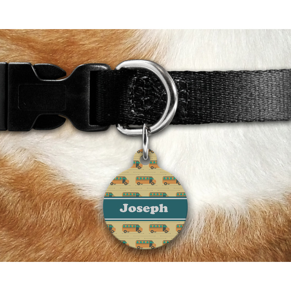 School Bus Round Pet Tag on Collar & Dog