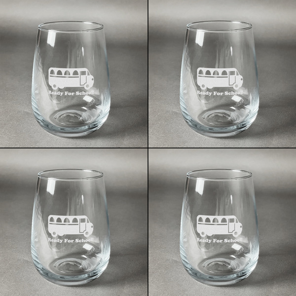 School Bus Set of Four Personalized Stemless Wineglasses (Approval)