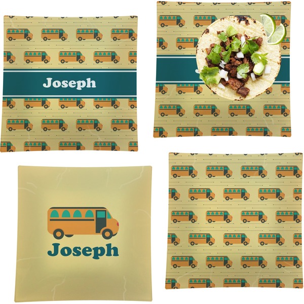Custom School Bus Set of 4 Glass Square Lunch / Dinner Plate 9.5" (Personalized)