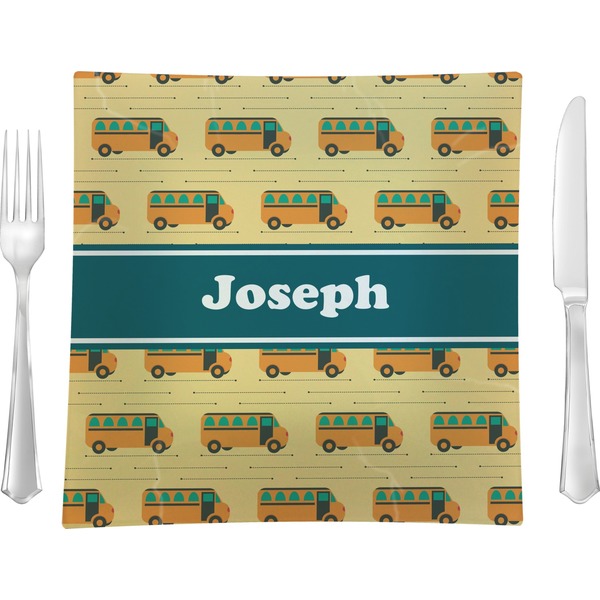 Custom School Bus 9.5" Glass Square Lunch / Dinner Plate- Single or Set of 4 (Personalized)