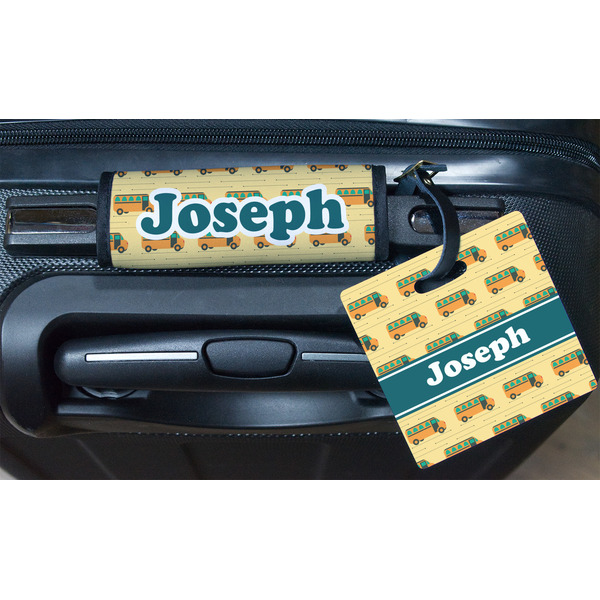 School Bus Square Luggage Tag & Handle Wrap - In Context