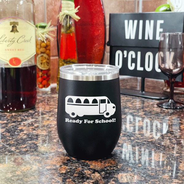 School Bus Stainless Wine Tumblers - Black - Double Sided - In Context