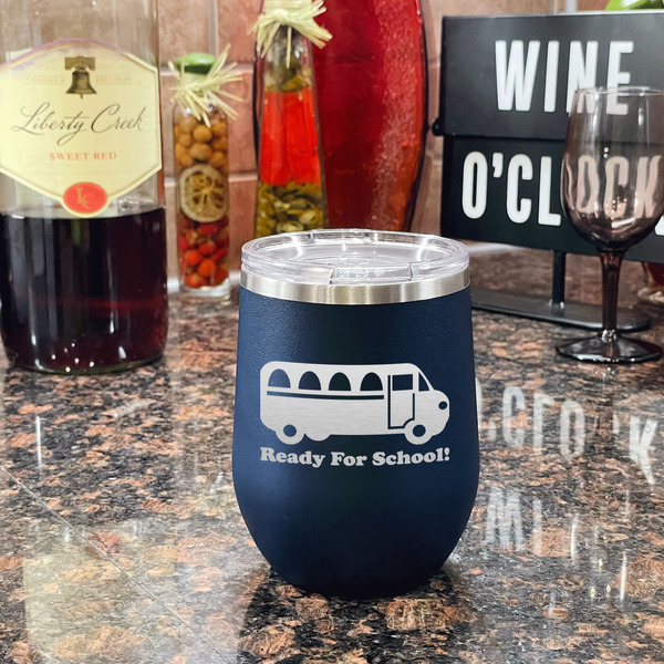 School Bus Stainless Wine Tumblers - Navy - Double Sided - In Context