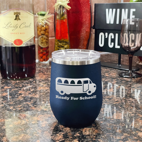 School Bus Stainless Wine Tumblers - Navy - Single Sided - In Context