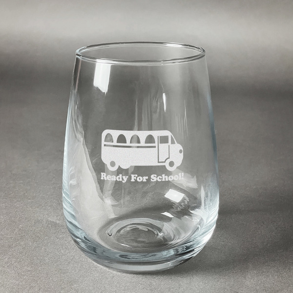 Custom School Bus Stemless Wine Glass (Single) (Personalized)