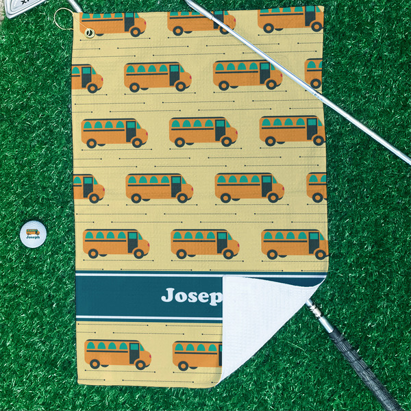 School Bus Waffle Weave Golf Towel - In Context