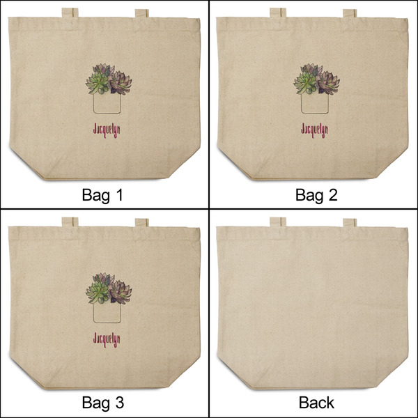 Cactus 3 Reusable Cotton Grocery Bags - Front & Back View