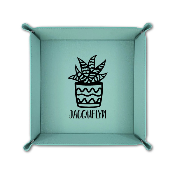 Cactus 6" x 6" Teal Leatherette Snap Up Tray - FOLDED UP