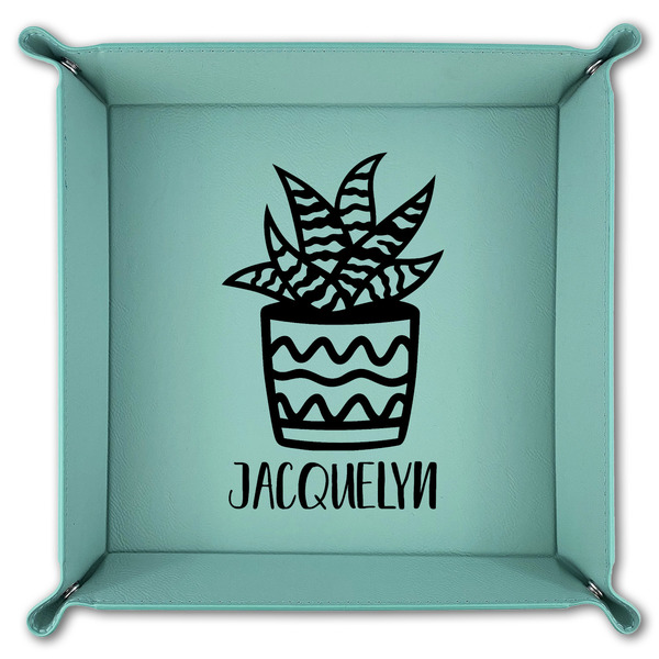 Cactus 9" x 9" Teal Leatherette Snap Up Tray - FOLDED