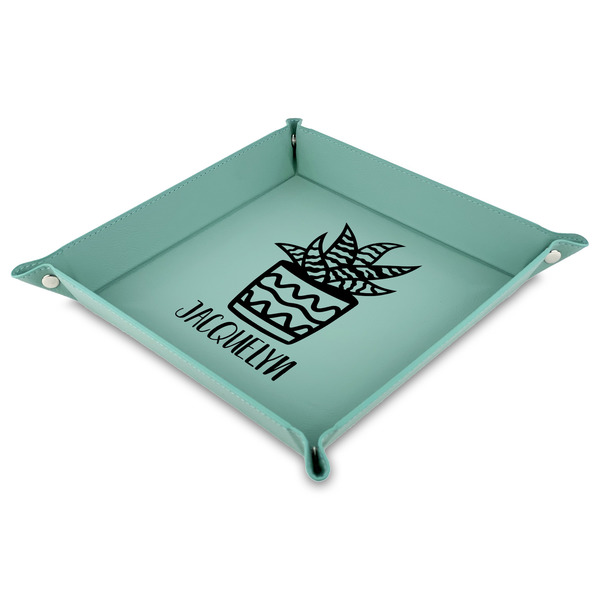 Custom Cactus 9" x 9" Teal Faux Leather Valet Tray (Personalized)