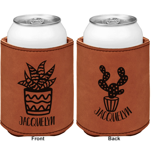 Cactus Cognac Leatherette Can Sleeve - Double Sided Front and Back