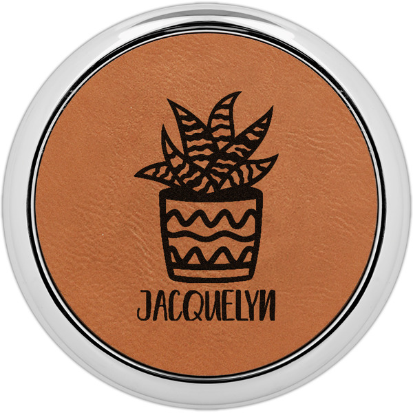 Custom Cactus Leatherette Round Coaster w/ Silver Edge (Personalized)