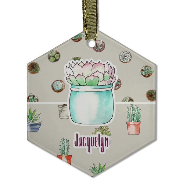 Custom Cactus Flat Glass Ornament - Hexagon w/ Name or Text
