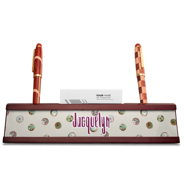 Succulents Red Mahogany Nameplates with Business Card Holder - Straight